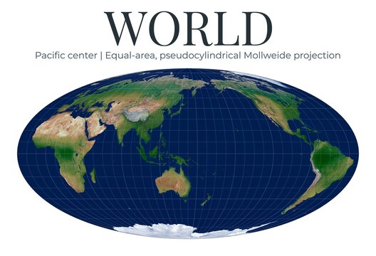 World Map, Mollweide projection. Equal-area pseudocylindrical earth display. Pacific center at latitude 0 and longitude 150. High detail cartography imagery.