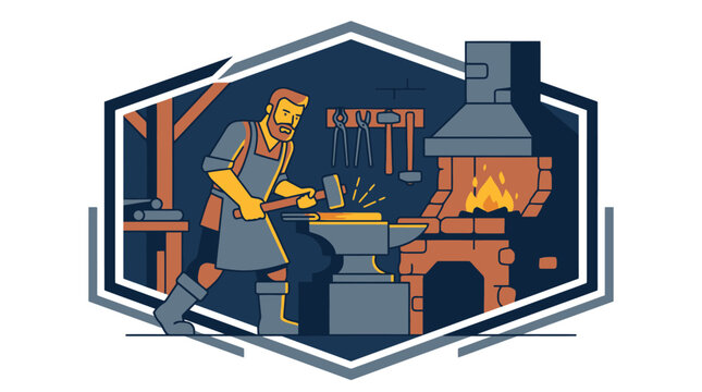 Blacksmith forging hot metal with hammer on anvil in workshop illustration. EPS Editable
