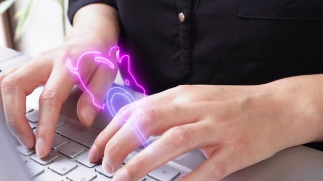 Expense tracking. Close-up of a professional woman interacting with her computer, featuring a virtual icon of a piggy bank and a magnifying glass.