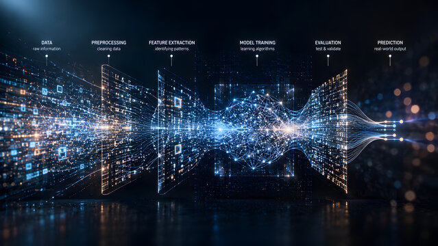 Machine Learning Pipeline Transforming Raw Data Into Predictions