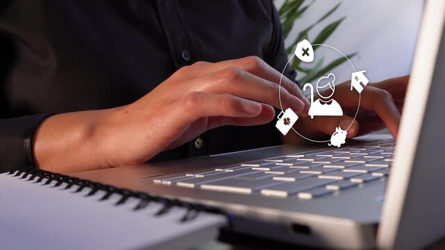 Close-up of a professional woman's hands using a computer, featuring an animation of an elderly woman icon alongside health and home icons. Financial and health planning for seniors.