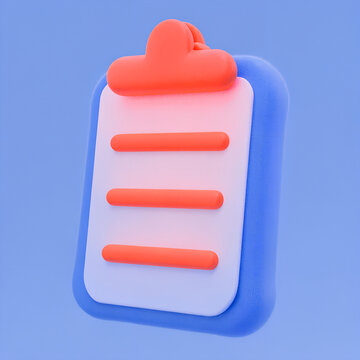 3D rendered clipboard icon with document lines on blue background