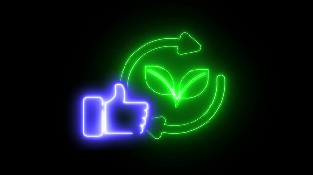Neon green plant in circular arrow, blue thumbs up