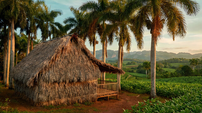Rustic tropical hut with thatched roof, traditional farm cabin in palm tree valley, scenic rural landscape with mountain view