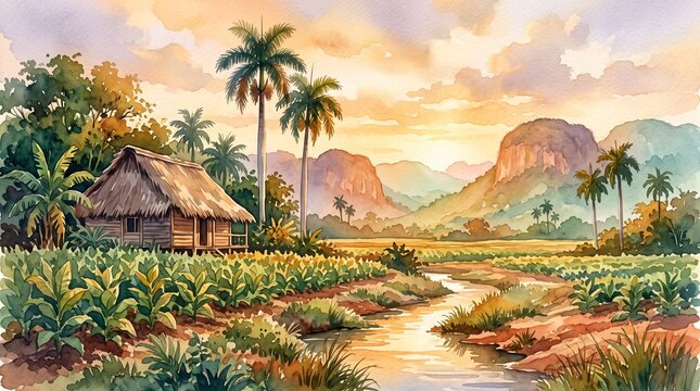 Watercolor tropical landscape with tobacco plantation, rustic farm hut in lush valley, scenic mountain sunset with palm trees