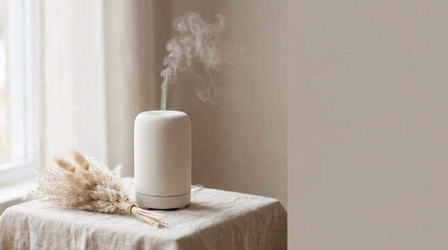 Aromatherapy essential oil diffuser emitting a gentle mist of steam, next to dried pampas grass, on a textured cloth, soft neutral tones, creating a serene spa ambiance