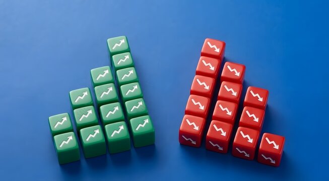 A stark visual representation of market fluctuations, with rows of green dice displaying upward trending arrows contrasted against red dice showing downward trends