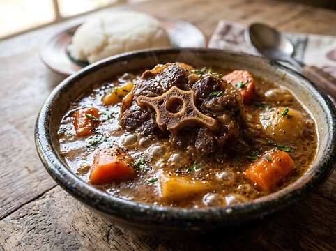 Bubbling oxtail stew with carrots and potatoes in a rustic bowl with side of rice