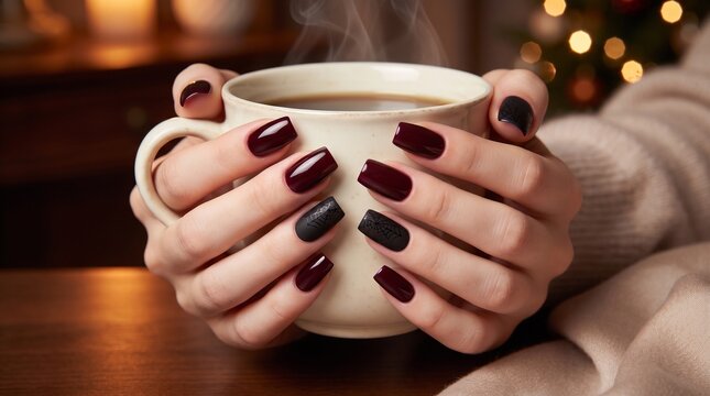 Burgundy manicure on female hands holding coffee cup. Cozy winter aesthetic with dark red nails and steaming hot drink. Warm holiday atmosphere.
