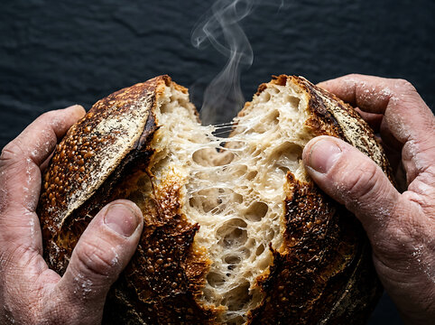 Hands tearing fresh hot sourdough bread loaf with steam rising on dark background