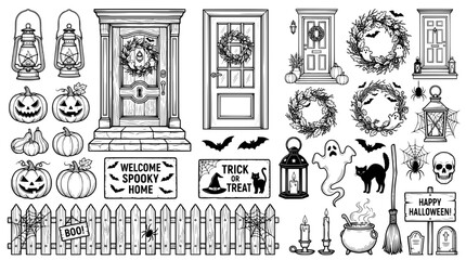 Fototapeta premium Halloween Home Decoration Set with Spooky Doors Pumpkins and Ghosts Line Art