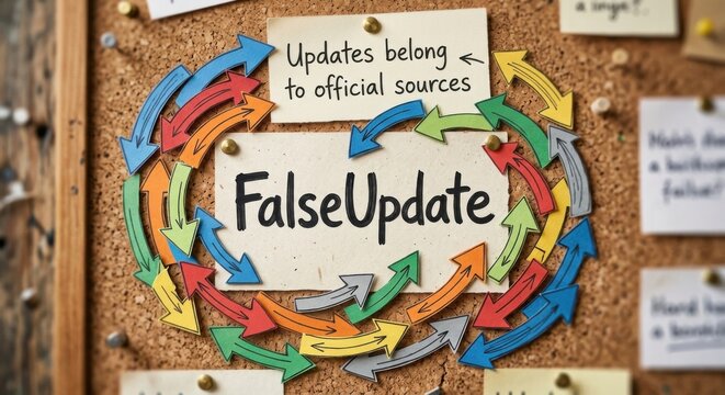 False Update Warning Surrounded by Colorful Arrows on Corkboard