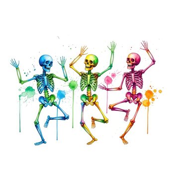 Vibrant watercolor painting of playful multicolored skeletons dancing joyfully on a white background, featuring artistic splatters and movement, anatomy, illustration, energy