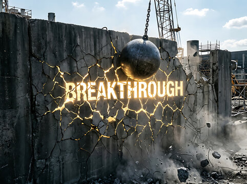 Wrecking ball smashing concrete wall with glowing breakthrough text concept