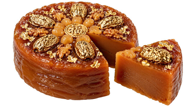 Nian gao sticky rice cake isolated for Chinese New Year celebration. Traditional date topped dessert on transparent background