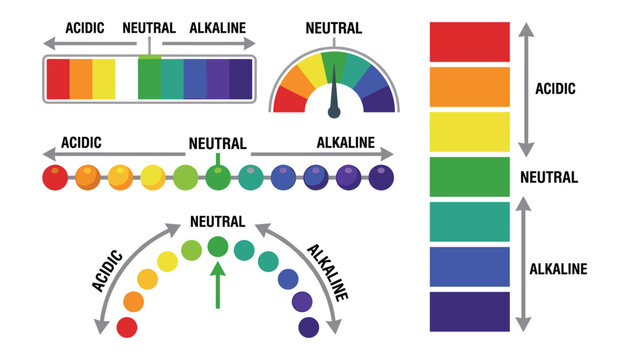 Flat vector pH scale chart infographic set displaying acidic neutral and alkaline levels with color indicator meters and gaugesPrint