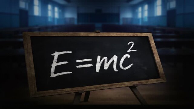 Chalkboard Displaying E Equals Mc Squared in Empty Classroom with Cinematic Lighting and Educational Concept