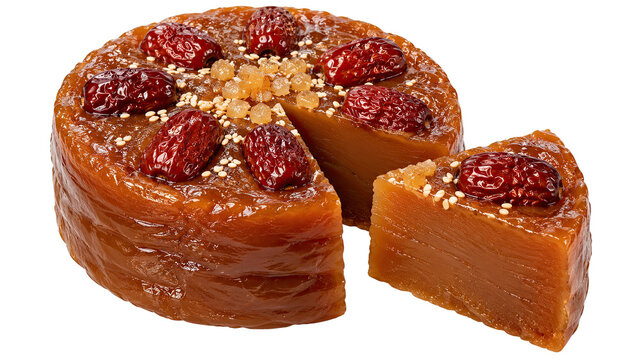 Nian gao sticky rice cake sliced isolated for Chinese New Year celebration. Traditional festive dessert on transparent background