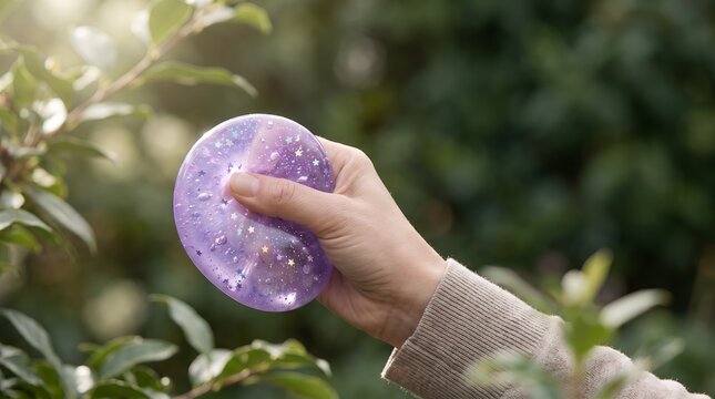 Close-up Hand Holding Sparkling Purple Glittery Slime Toy Concept
