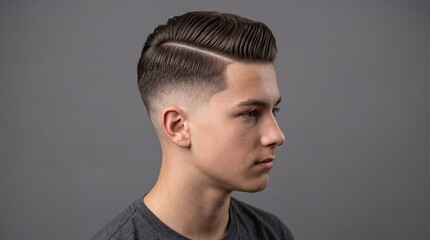 Obraz premium Modern fade haircut for men, stylish side part hairstyle on young male model, professional barber shop grooming on gray background