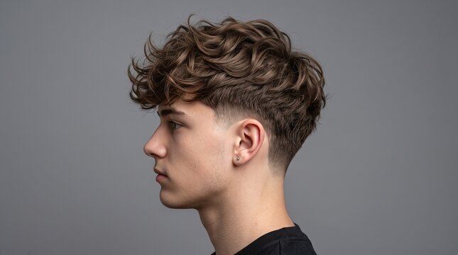 Curly hair fade haircut on young man, profile view of male perm hairstyle, modern barbershop grooming and hair styling