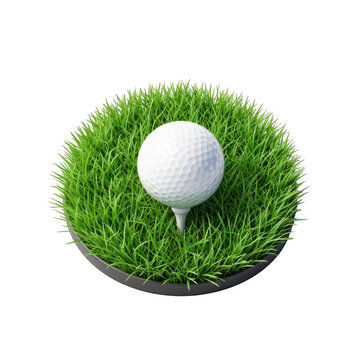 White golf ball on a wooden tee centered in a circular turf patch with golf game