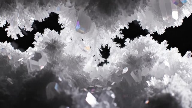 Macro shot of white crystal structures with iridescent accents on black