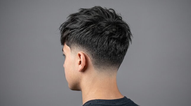 Modern textured fade haircut, stylish mens short hairstyle with tapered back, professional barber shop grooming on gray background