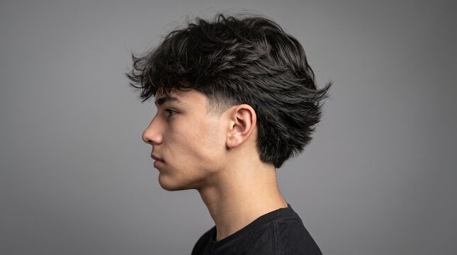 Modern mullet haircut on teenage boy, side profile of young man with wavy black hair, trendy male hairstyle on gray background