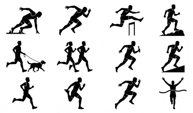 Dynamic Running Athlete Silhouette Icons Sprint Hurdle Jogging Vector Set