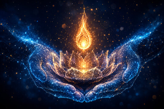 Glowing Lotus Oil Lamp Held by Luminous Hands in a Blue and Gold Festive Digital Artwork