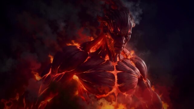 Giant Humanoid Figure Emerging From Flames and Smoke in Dark Environment Cinematic Fantasy Artwork