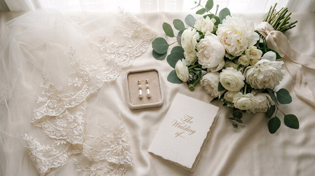 Elegant wedding details laid out flat, including a lace veil, white floral bouquet, pearl earrings, and a stationery card, perfect for bridal magazines and wedding planning inspiration