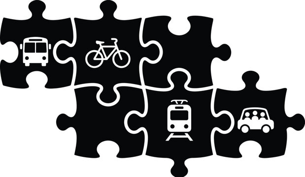 Puzzle six pieces bus bicycle train car transport icon black