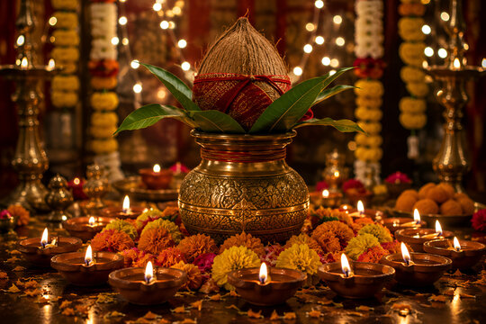 Decorated Kalash with Coconut and Mango Leaves Surrounded by Diyas and Flowers