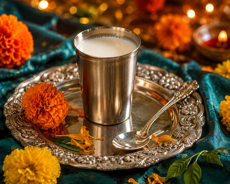 Traditional Indian festive milk offering in a silver tumbler with marigold flowers and diya