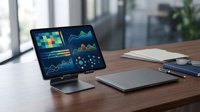 Tablet computer on a stand displaying colorful data analytics, charts, and graphs on a wooden office desk with a closed laptop