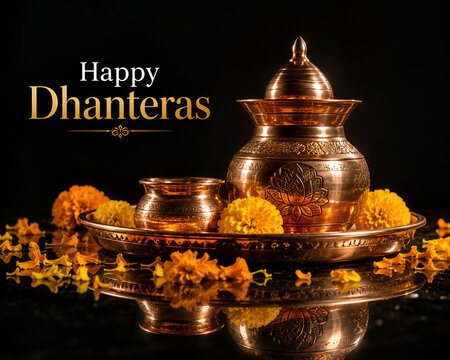 Happy Dhanteras Greeting Banner with Traditional Copper Kalash, Pot and Marigold Flowers
