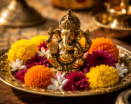 Golden Lord Ganesha Idol on Brass Pooja Thali with Marigold and Chrysanthemum Flowers
