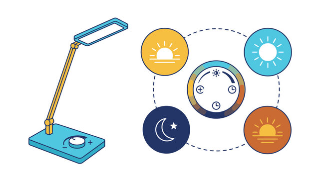 Isometric modern LED desk lamp illustration with color temperature and brightness control modes. EPS Editable