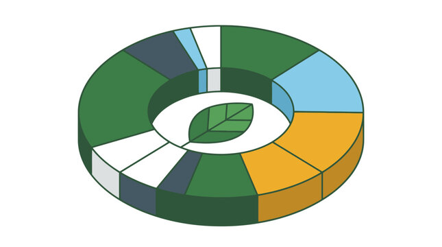 Isometric pie chart infographic with green leaf inside representing eco business and sustainable growth data visualization. EPS Editable