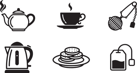 Fototapeta premium Tea time icons set with teapot, cup, kettle, tea bag, infuser and cookies for cafe menu