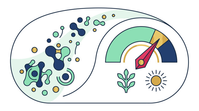 Microbiome gut health measurement illustration with bacterial flora and balance gauge indicator icon. EPS Editable