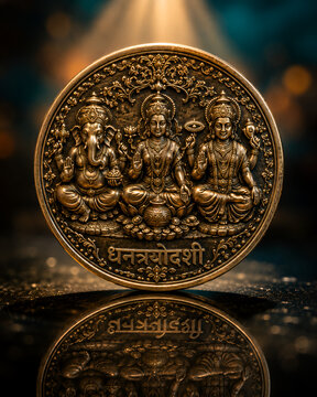Dhantrayodashi Antique Bronze Coin with Lakshmi, Ganesha, and Saraswati Idols
