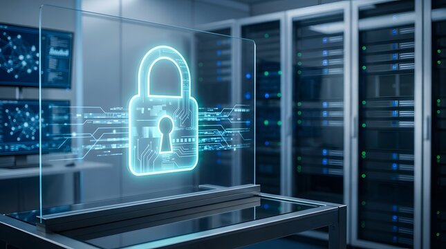 Glowing blue digital padlock on a transparent glass screen inside a server room with rows of computer racks and data monitors