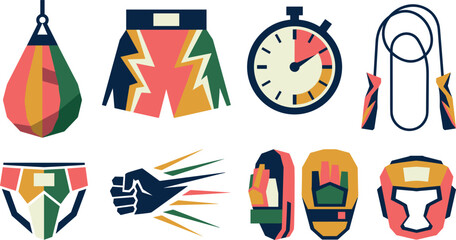 Obraz premium Geometric flat vector collection of boxing icons featuring punching bag fight shorts timer jump rope fist helmet and martial arts equipment