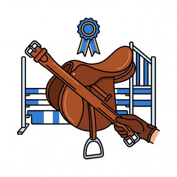 Equestrian equipment set with horse saddle and show jumping hurdles