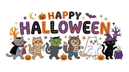 Fototapeta premium Cute Halloween Cats in Costumes Illustration