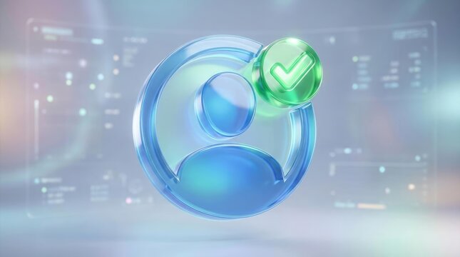 3D glass user profile icon with green verified checkmark