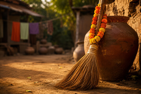 Traditional Broom with Marigold Garland Leaning on Clay Pot in Rural Indian Village

